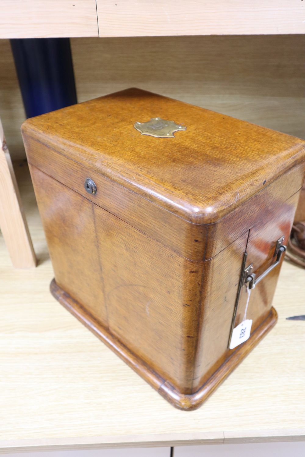 A Victorian oak-cased decanter / games box, height 33cm